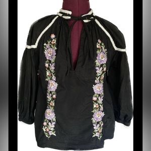 Topshop Women's Black Pink Embroidered Cotton Top